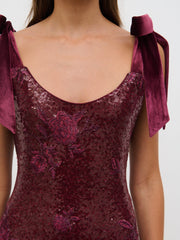 Romy Tie Sequin Midaxi Dress - Wine Floral Sequin