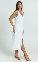 Button Through V Neck Dress in White