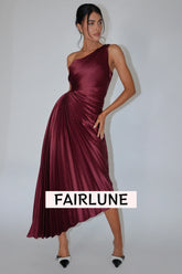 Brooklynn One-Shoulder Accordion Pleat Dress Wine