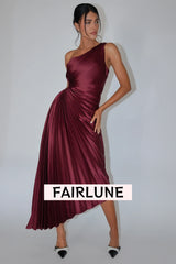 Brooklynn One-Shoulder Accordion Pleat Dress Wine