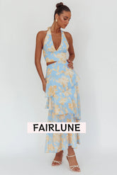 Aura Points Halterneck Cut-Out Maxi Dress Floral Blue