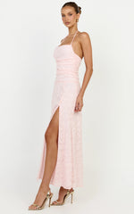 Gathered Bodice Halter Clipped Jacquard Dress in Pink
