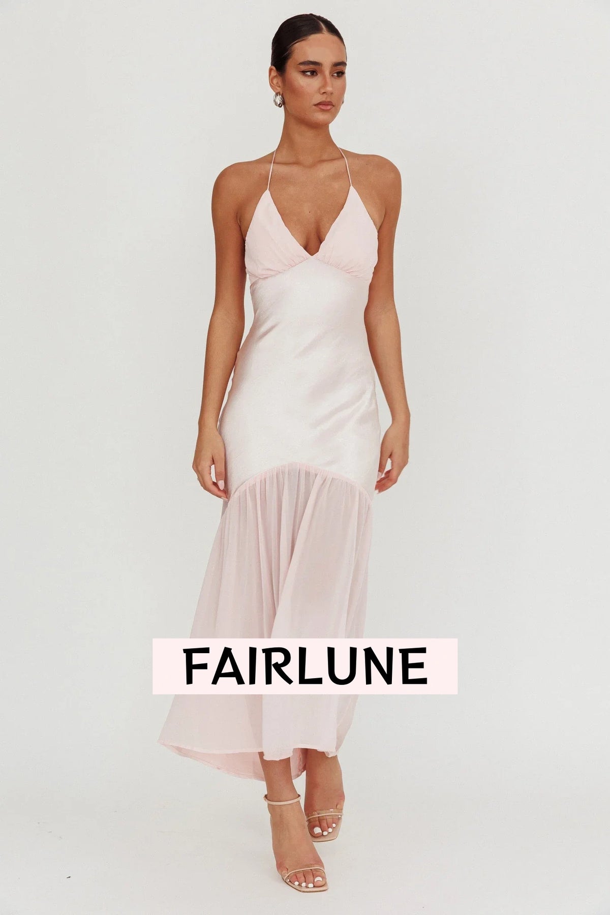 Aysah Chiffon Hem Halter Maxi Dress Pink