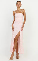 Gathered Bodice Halter Clipped Jacquard Dress in Pink