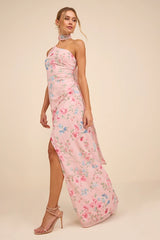 Adeline Light Pink Floral One-Shoulder Scarf Maxi Dress