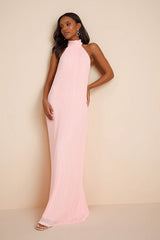 Marta Light Pink Pleated Backless Maxi Dress