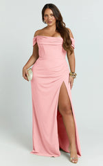 Off Shoulder Corset High Split Dress in Pink