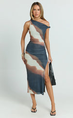 One Shoulder Mesh Dress in Rust Print