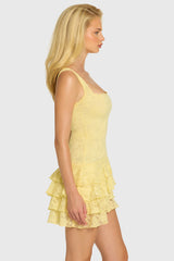 Sequin Lace Ruffle Mini Dress in Butter