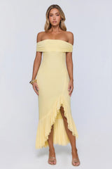 Daily Glow Off Shoulder Mesh Midi Dress Yellow