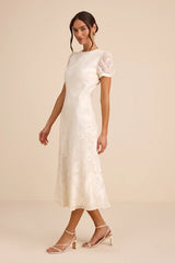 Bridget Ivory Floral Jacquard Puff Sleeve Midi Dress