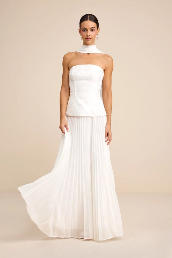 Eloise White Jacquard Pleated Maxi Dress and Scarf Set