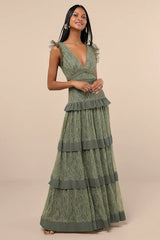 Marvelous Darling Olive Lace Ruffled Tiered Maxi Dress