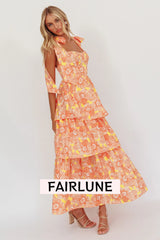 Arlowe Tied Shoulder Tiered Midi Dress Floral Orange