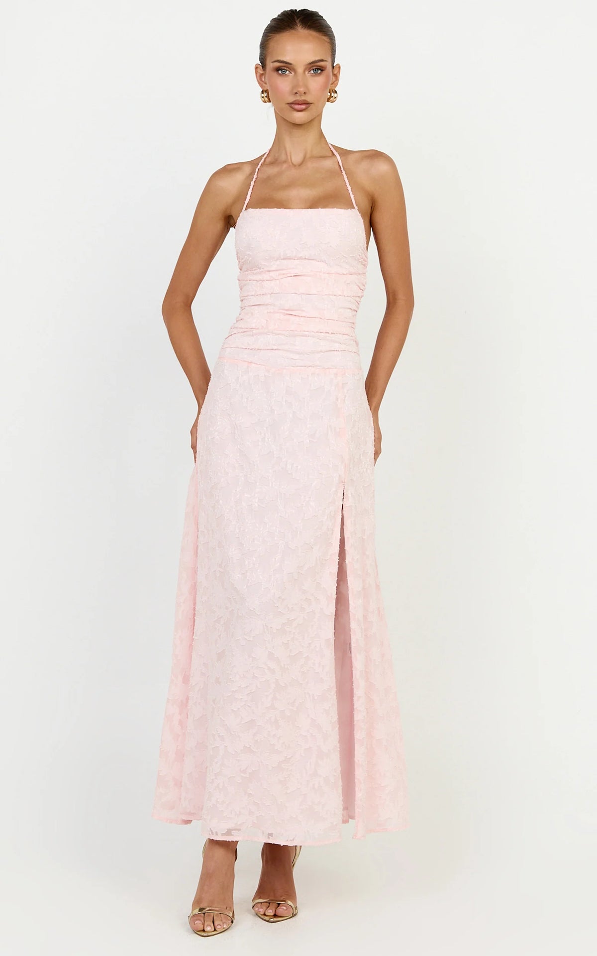 Gathered Bodice Halter Clipped Jacquard Dress in Pink