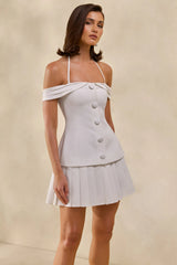 Celeta | White Bardot-Neck Mini Dress With Button-Detailing And Pleated-Hem