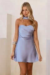 Level Up Glow Up Strapless Satin Mini Dress Blue