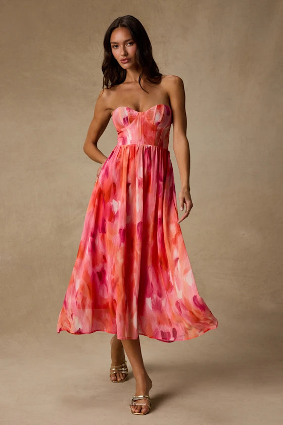 Aysel Coral Pink Abstract Strapless Bustier Midi Dress