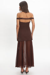 Opulent Off-Shoulder Sheer Hem Maxi Dress Chocolate