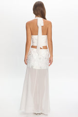 Opulent Sheer Hem Maxi Skirt Embroidered Off White