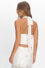 Opulent Halterneck Top Embroidered Off White