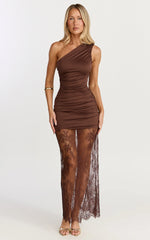 One Shoulder Lace Contrast Dress in Chocolate