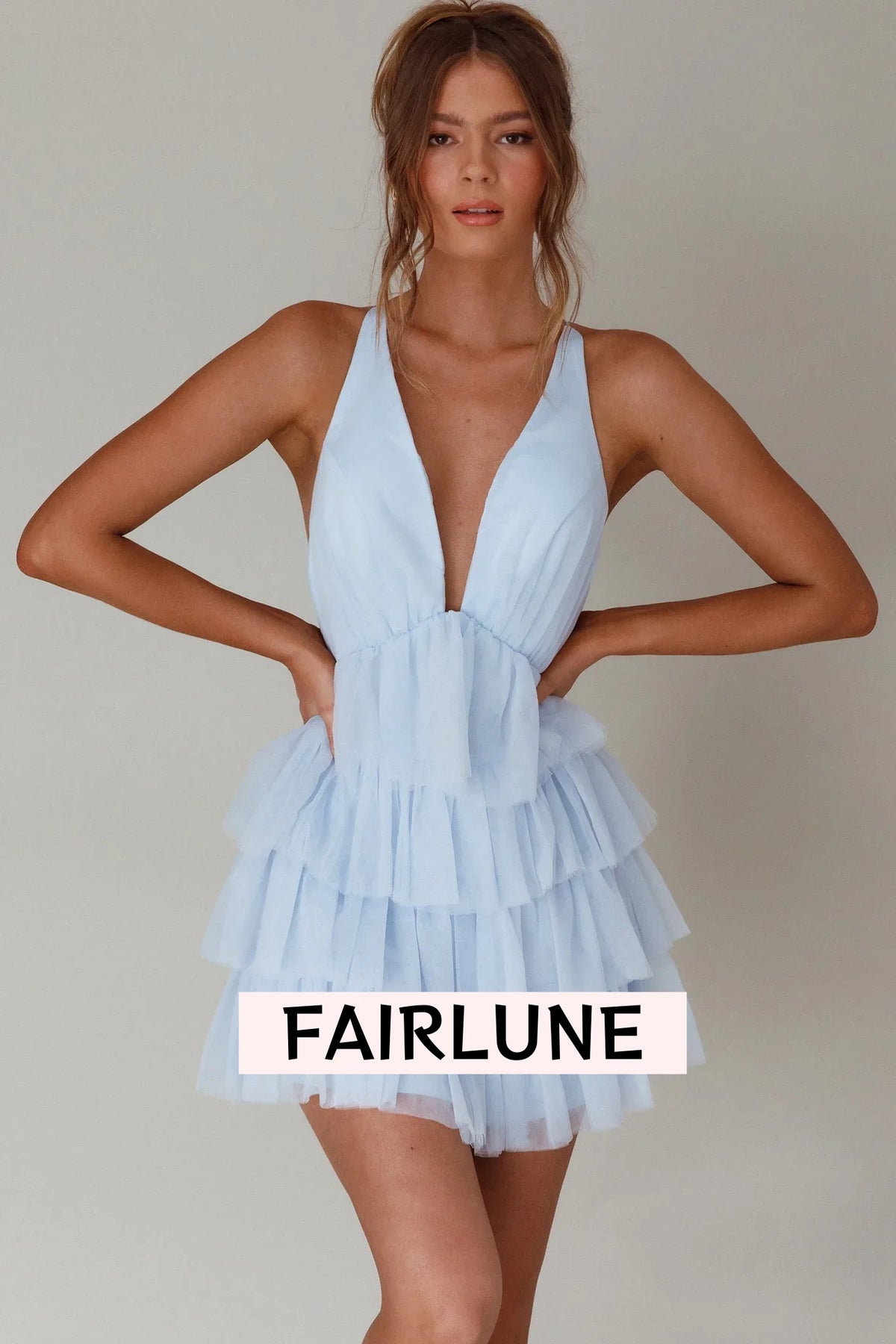 Auguste Tiered Frill Mini Dress Sky Blue