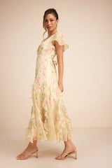 Deluca Light Green Floral Ruffled Midi Dress