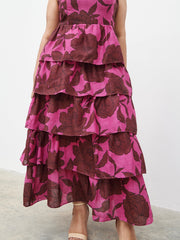 Aalyiah Square Neck Ruffle Midaxi Dress Curve - Brown and Fuchsia Floral