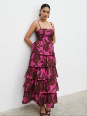 Aalyiah Square Neck Ruffle Midaxi Dress - Brown and Fuchsia Floral