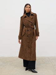 Agnes Longline Faux Suede Trench Coat - Chocolate Brown