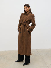 Agnes Longline Faux Suede Trench Coat - Chocolate Brown