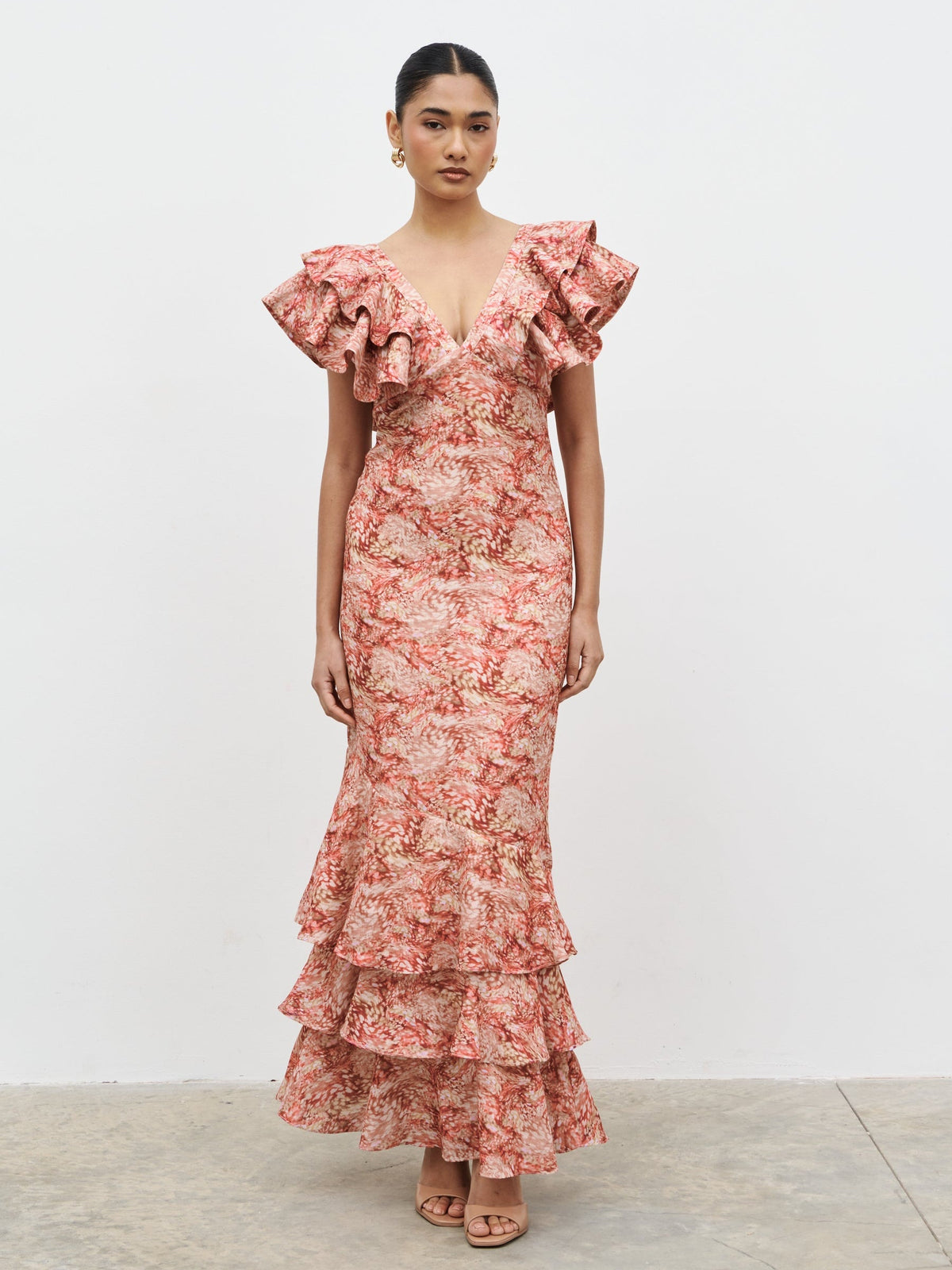 Alani V Neck Ruffle Maxi Dress - Berry Multi Abstract