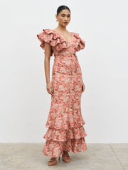 Alani V Neck Ruffle Maxi Dress - Berry Multi Abstract