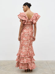 Alani V Neck Ruffle Maxi Dress - Berry Multi Abstract