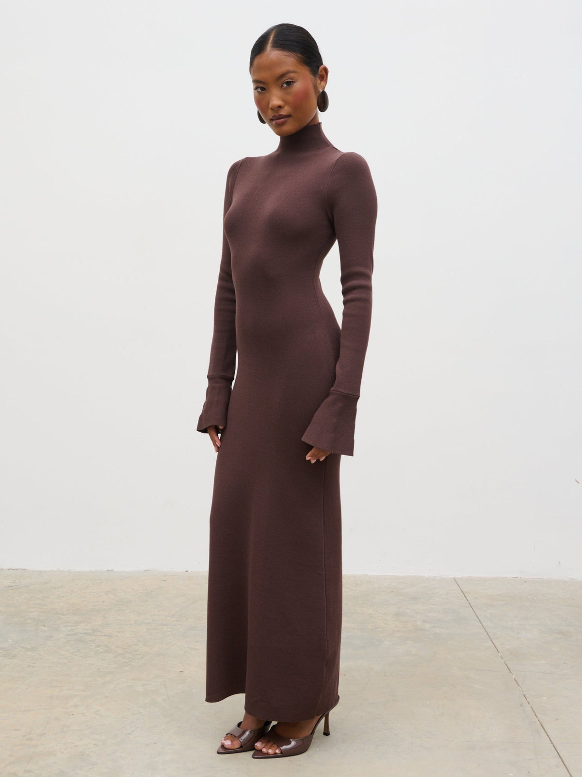 Alina High Neck Knit Midaxi Dress - Brown