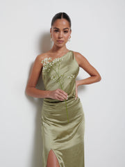Amelia Ruched Maxi Bridesmaid Dress - Matte Olive