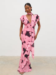 Andi V-Neck Frill Maxi Dress - Blush Watercolour Floral