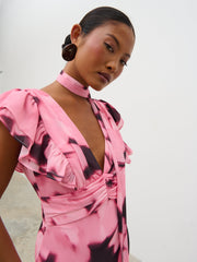 Andi V-Neck Frill Maxi Dress - Blush Watercolour Floral