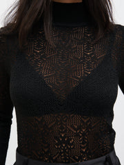 Annalise High Neck Patterned Fine Knit Top - Black