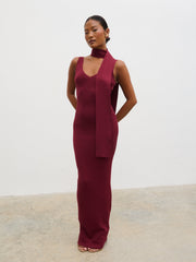 Arabella Knit Maxi Dress with Neck Tie - Wine