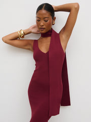 Arabella Knit Maxi Dress with Neck Tie - Wine
