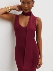 Arabella Knit Maxi Dress with Neck Tie - Wine