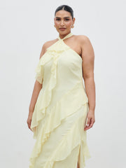 Aria Halterneck Ruffle Midaxi Dress Curve - Lemon