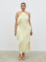 Aria Halterneck Ruffle Midaxi Dress Curve - Lemon