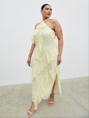 Aria Halterneck Ruffle Midaxi Dress Curve - Lemon