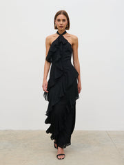 Aria Halter Neck Ruffle Maxi Dress - Black