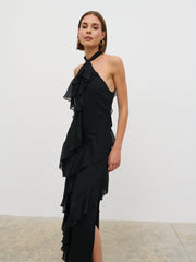 Aria Halter Neck Ruffle Maxi Dress - Black