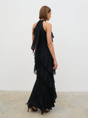 Aria Halter Neck Ruffle Maxi Dress - Black