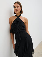 Aria Halter Neck Ruffle Maxi Dress - Black